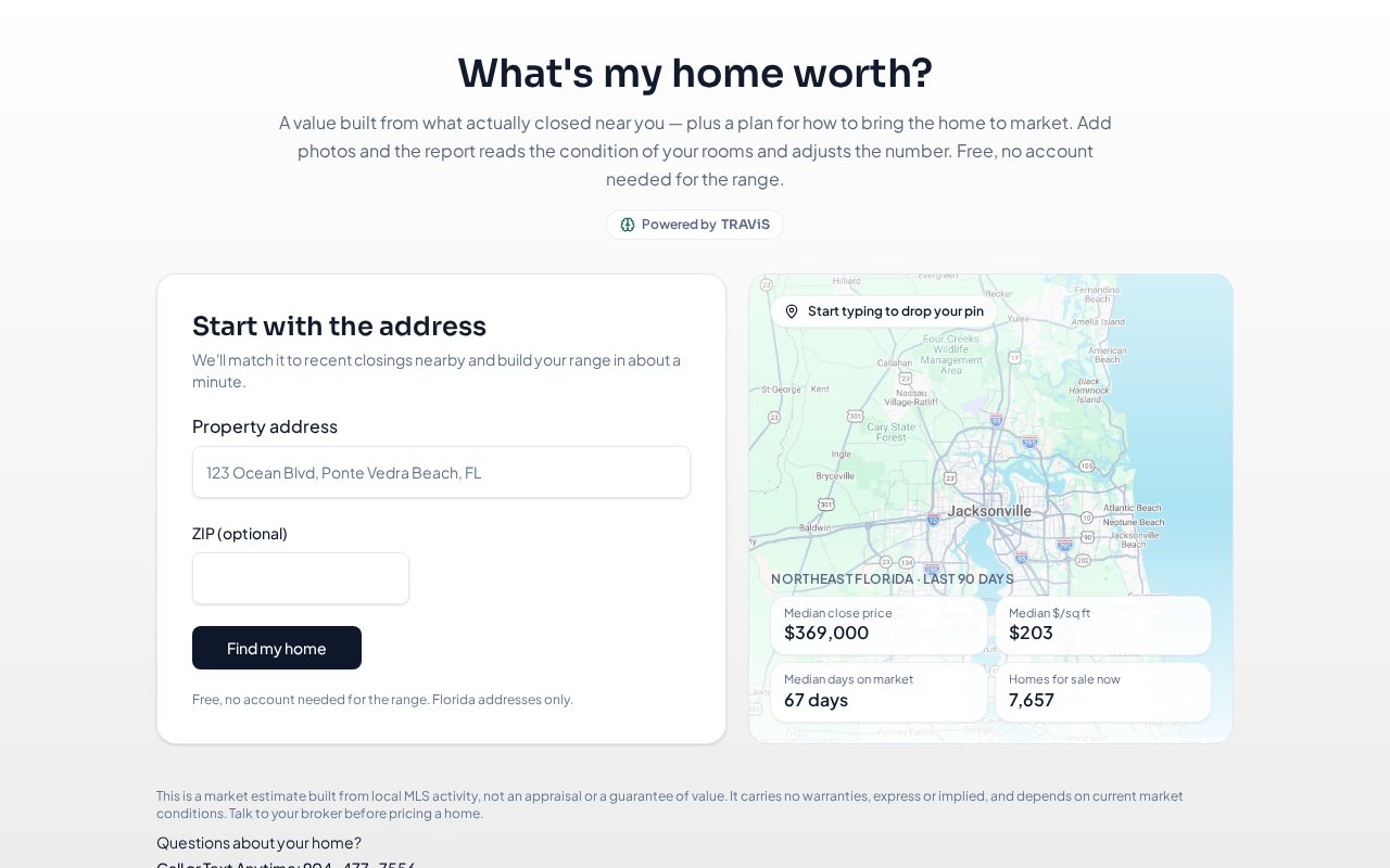 Home valuation page with an address box and a map